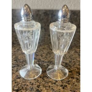 Vintage Art Deco Clear Acrylic Plastic Salt Pepper Shakers Chrome Tops Pedestal